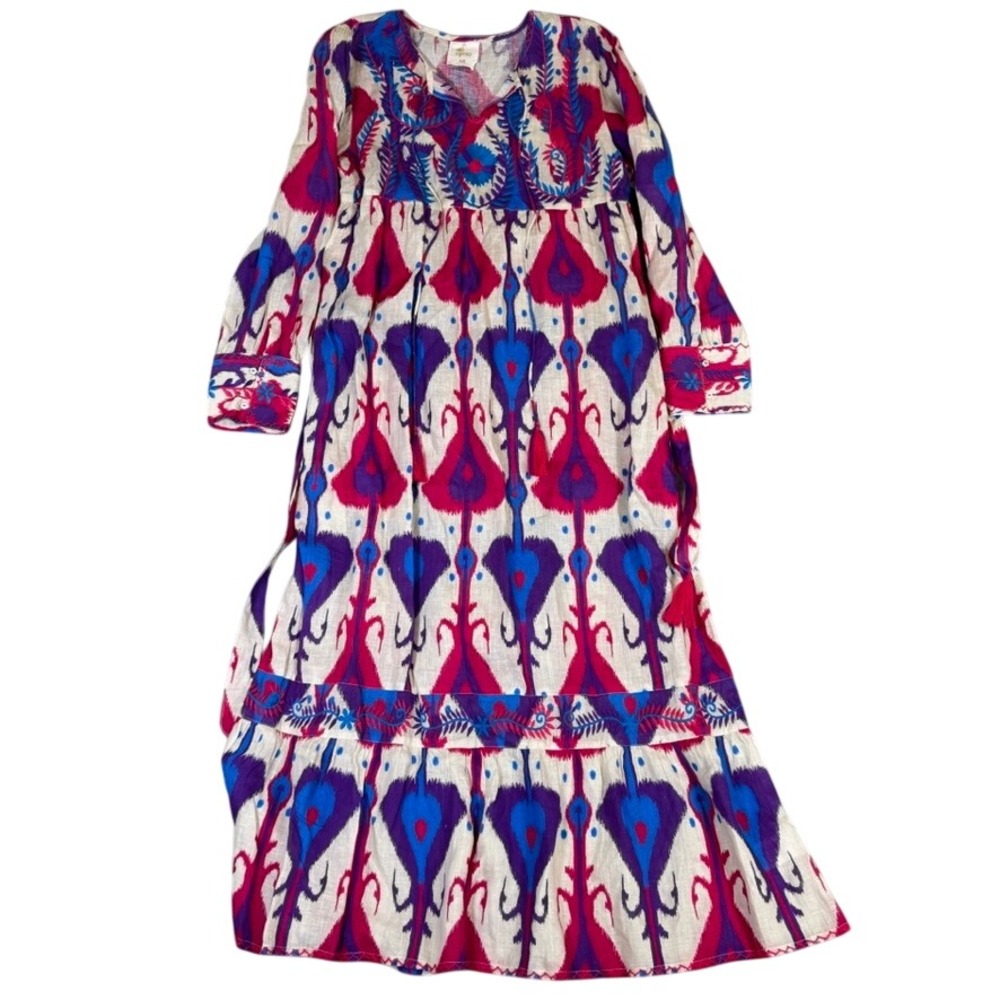 Nimo with Love Linen Print Embroidered Midi Dress Pink Purple Blue Medium